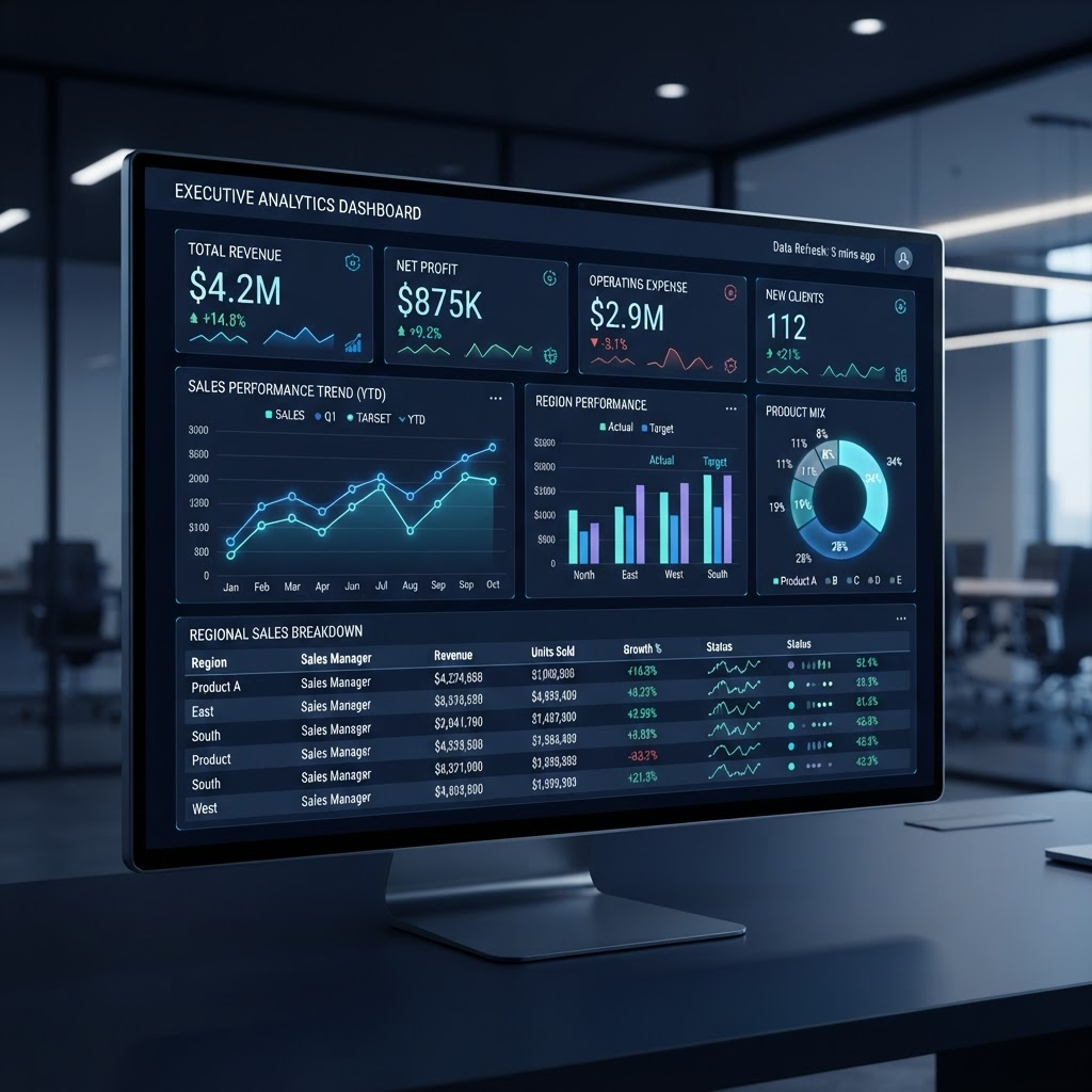 Executive Power BI dashboard with KPI scorecards, charts and drill-through detail